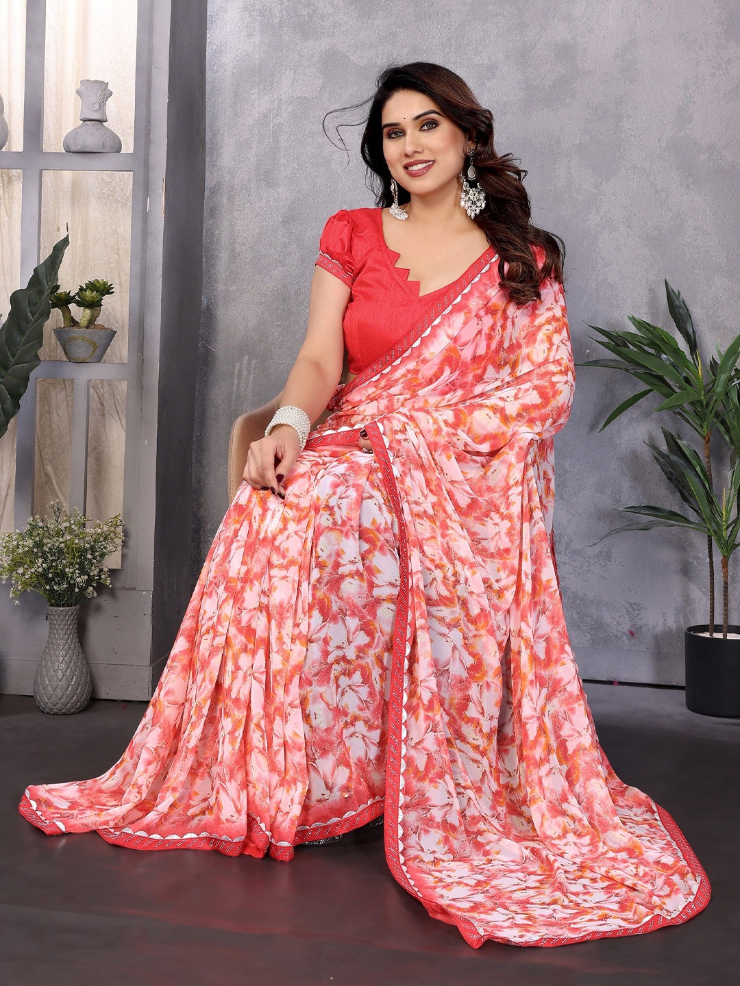 

Moda Rapido Floral Beads and Stones Pure Georgette Saree, Red