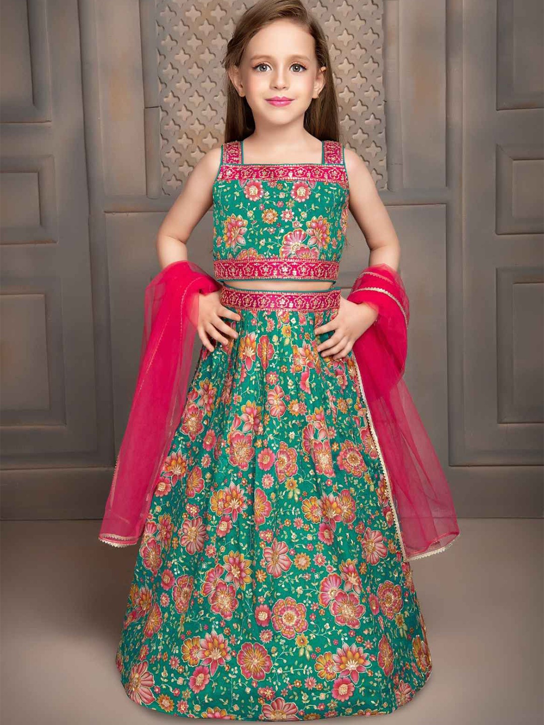 

Lagorii Girls Embroidered Ready to Wear Lehenga & Blouse With Dupatta, Green
