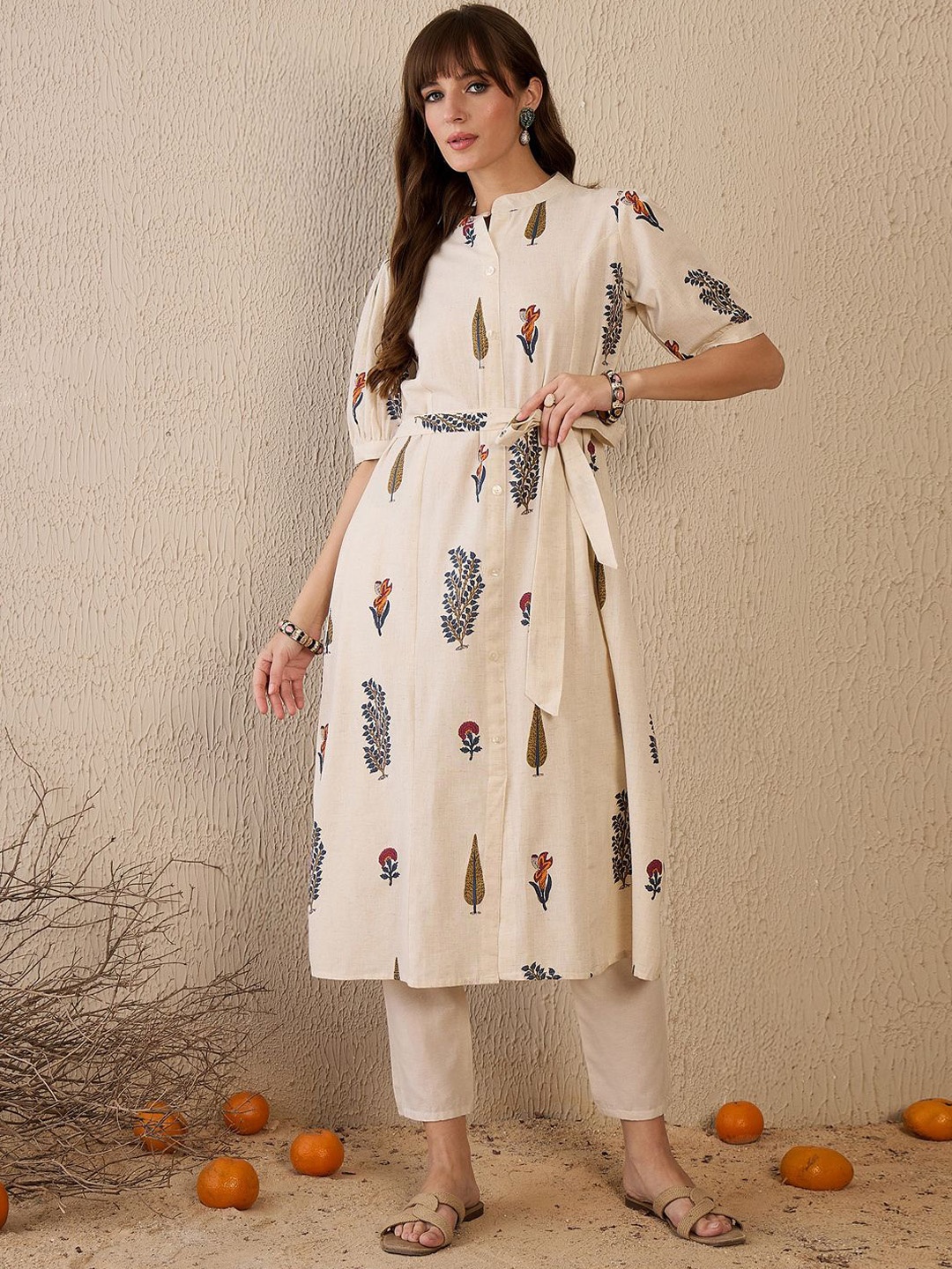 

Indo Era Women Floral Printed Khadi Kurta, White