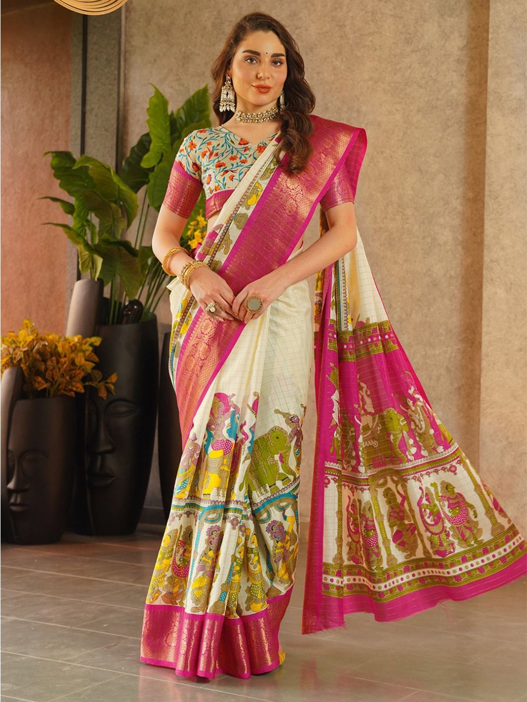

SANJANA SILK Woven Design Zari Art Silk Maheshwari Saree, Pink