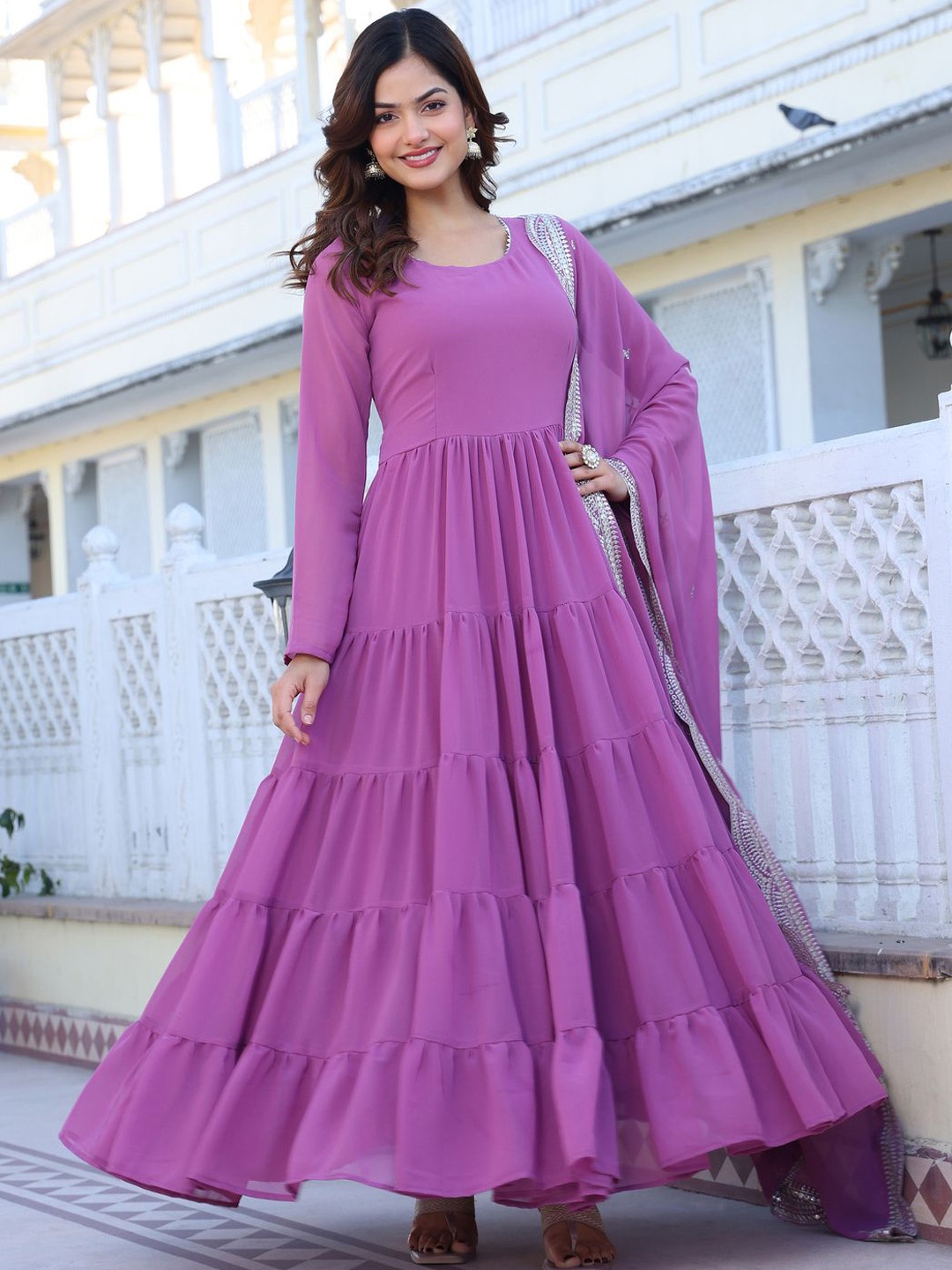

Wedani Women Tiered Thread Work Kurta with Pyjamas & With Dupatta, Purple