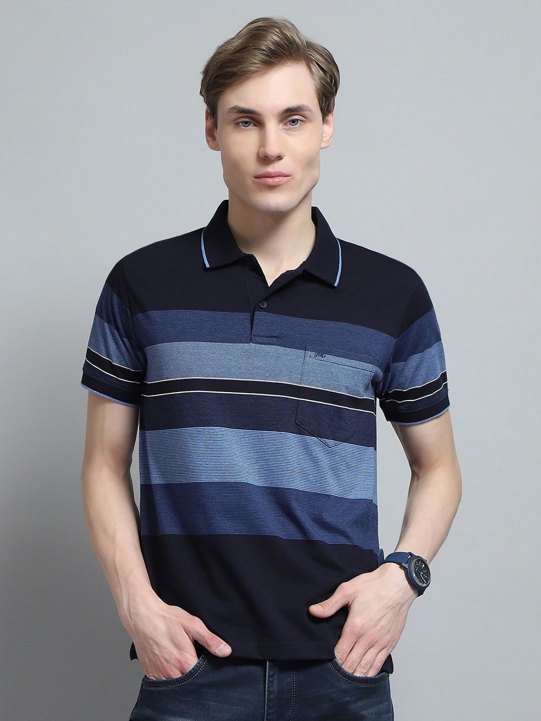 

Monte Carlo Men Striped Polo Collar Pockets T-shirt, Blue