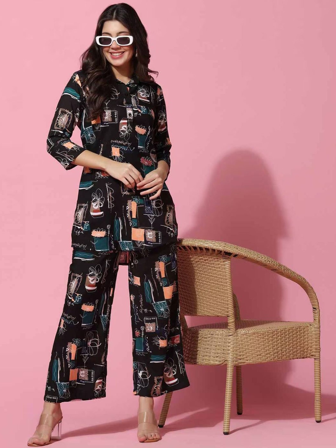

Jade & Julie Printed Pure Cotton Top & Trousers Co-Ords, Black
