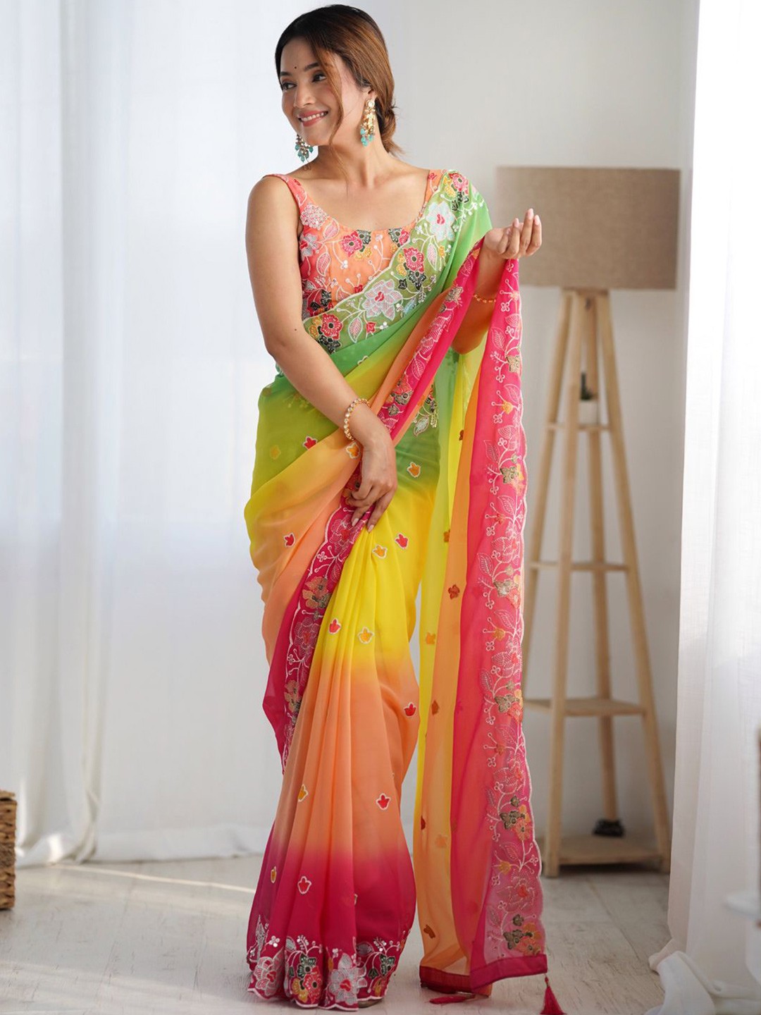 

LeeliPeeri Designer Floral Sequinned Poly Georgette Saree, Yellow