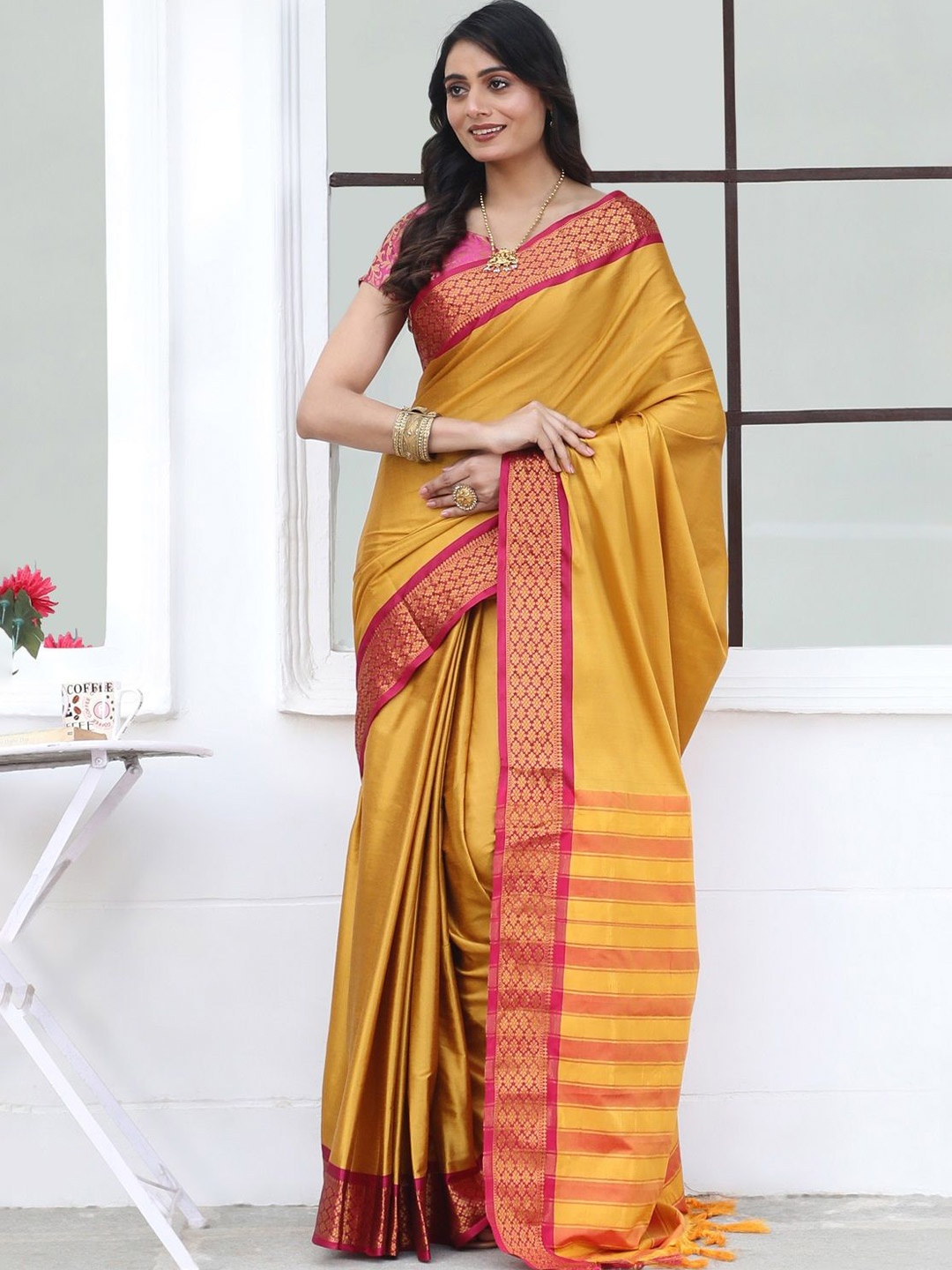 

ORUS Zari Pure Silk Kanjeevaram Saree, Mustard