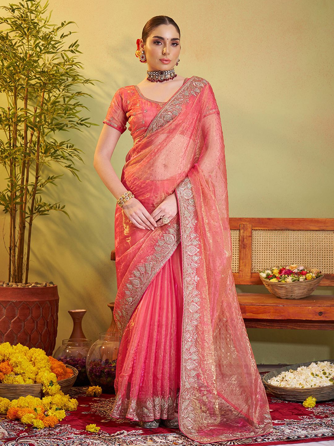 

modeva Embellished Beads and Stones Organza Saree, Peach