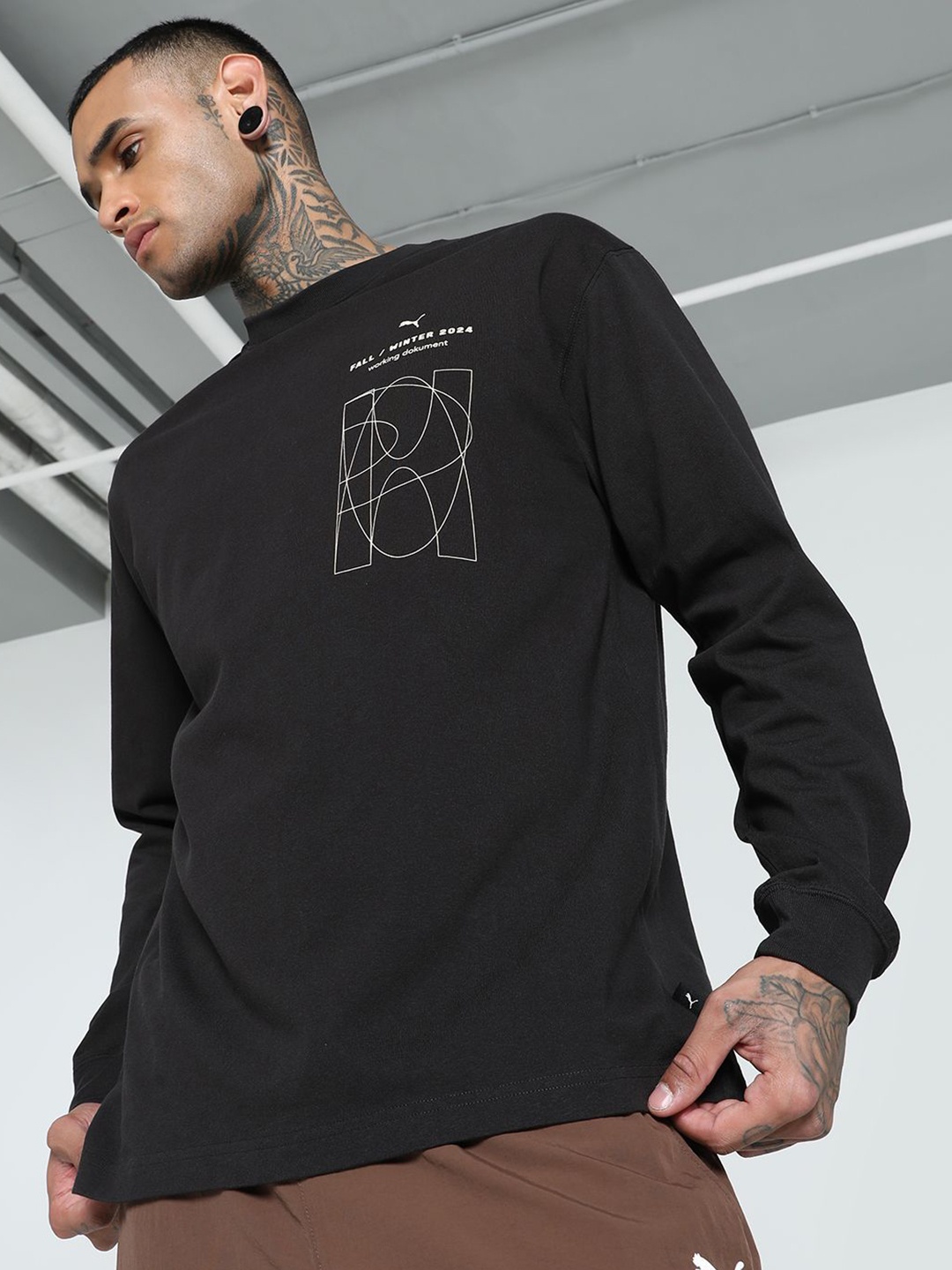 

Puma Graphics Printed Pure Cotton Long Sleeve Relaxed Fit T-Shirt, Black