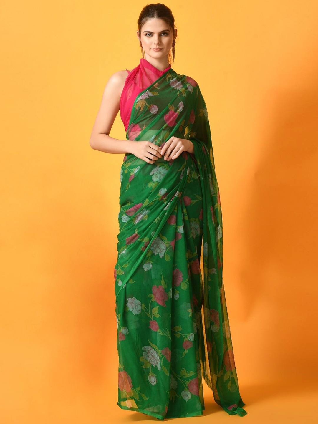 

House of Chiffon Floral Poly Chiffon Saree, Green