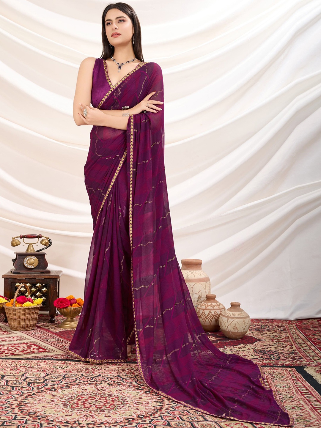 

Panzora Embellished Zari Poly Georgette Saree, Purple