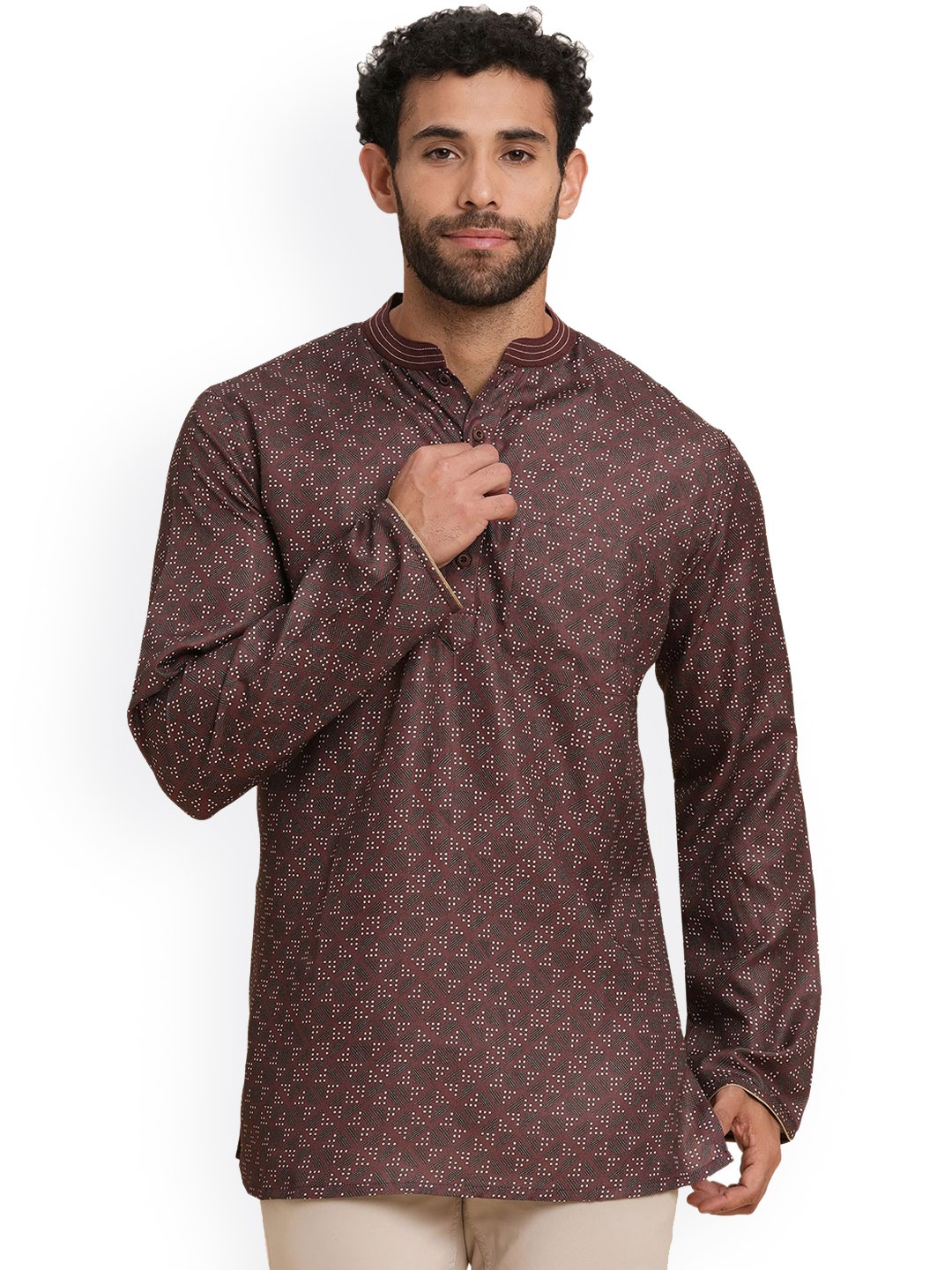 

Arch element Men Floral Flared Sleeves Thread Work Kurta, Brown