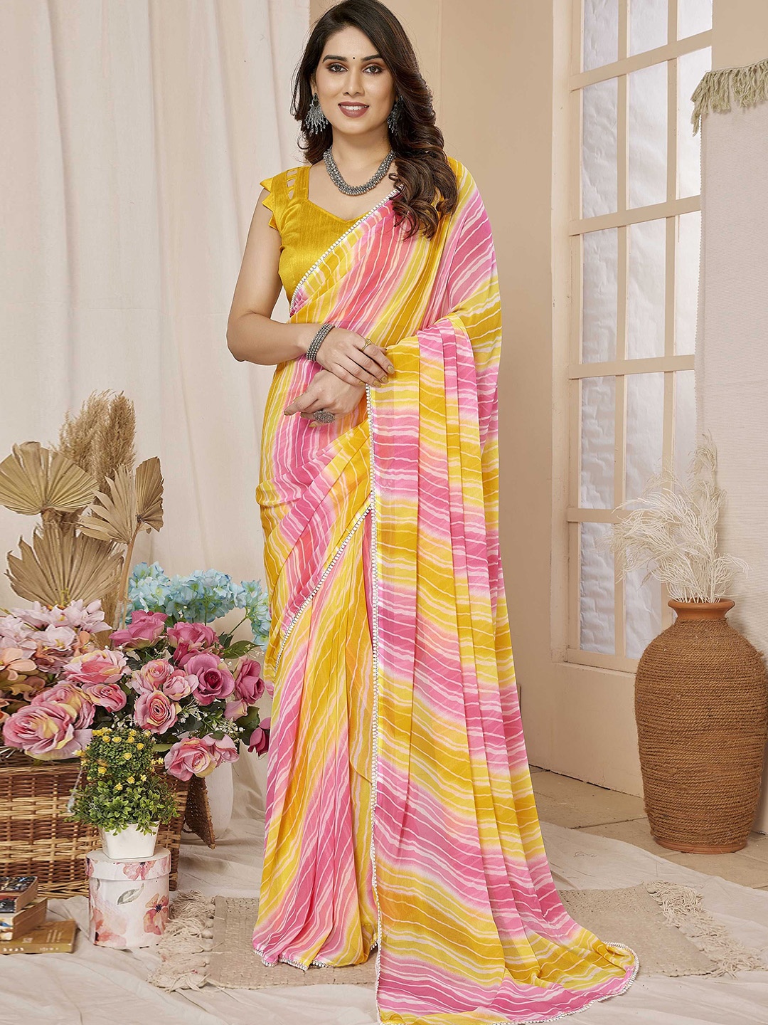 

LeeliPeeri Designer Striped Gotta Patti Poly Georgette Saree, Yellow