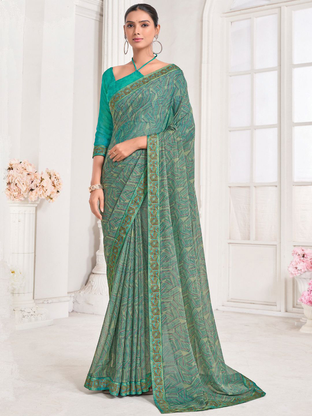 

LeeliPeeri Designer Poly Chiffon Saree, Teal