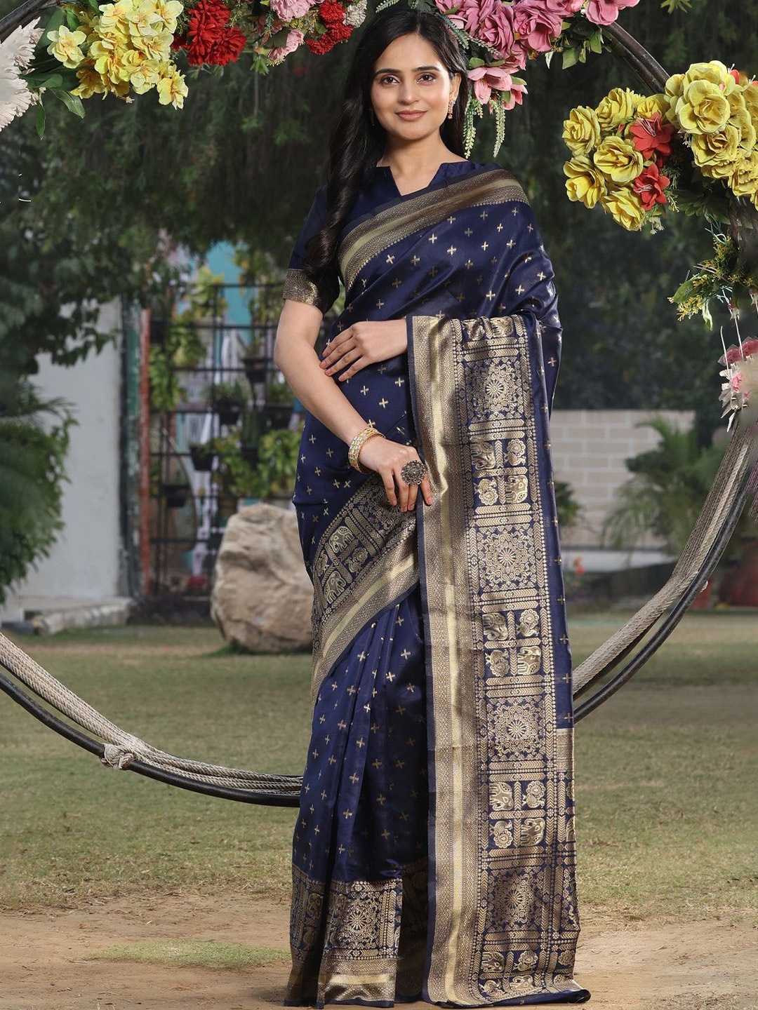 

ORUS Woven Design Zari Silk Blend Banarasi Saree, Navy blue