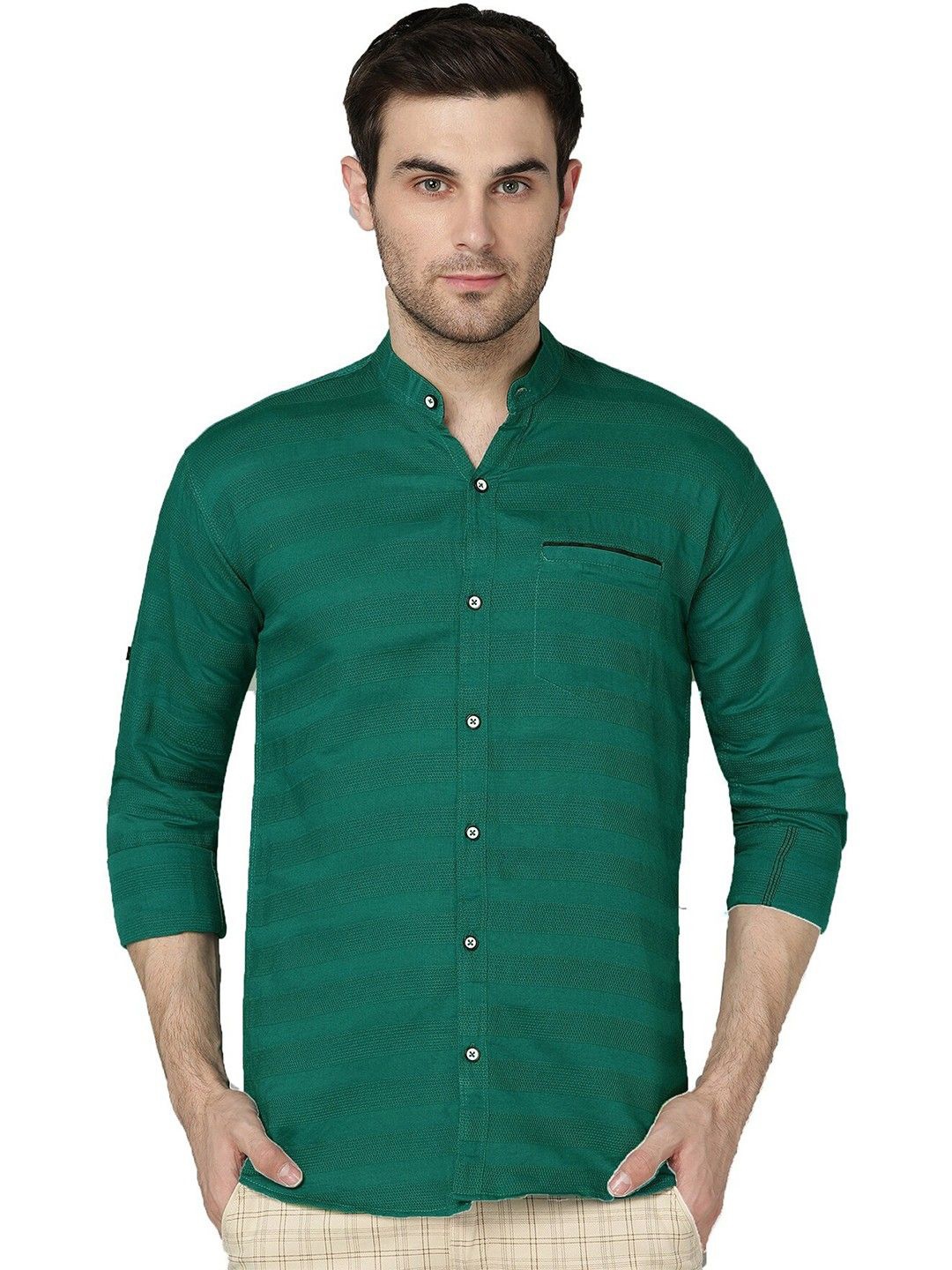 

PulseIQ Men Slim Fit Horizontal Stripes Opaque Striped Casual Shirt, Green