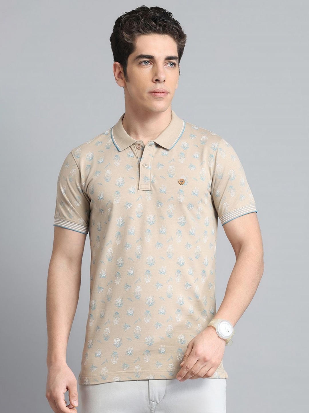 

Monte Carlo Men Floral Printed Polo Collar Pockets T-shirt, Beige