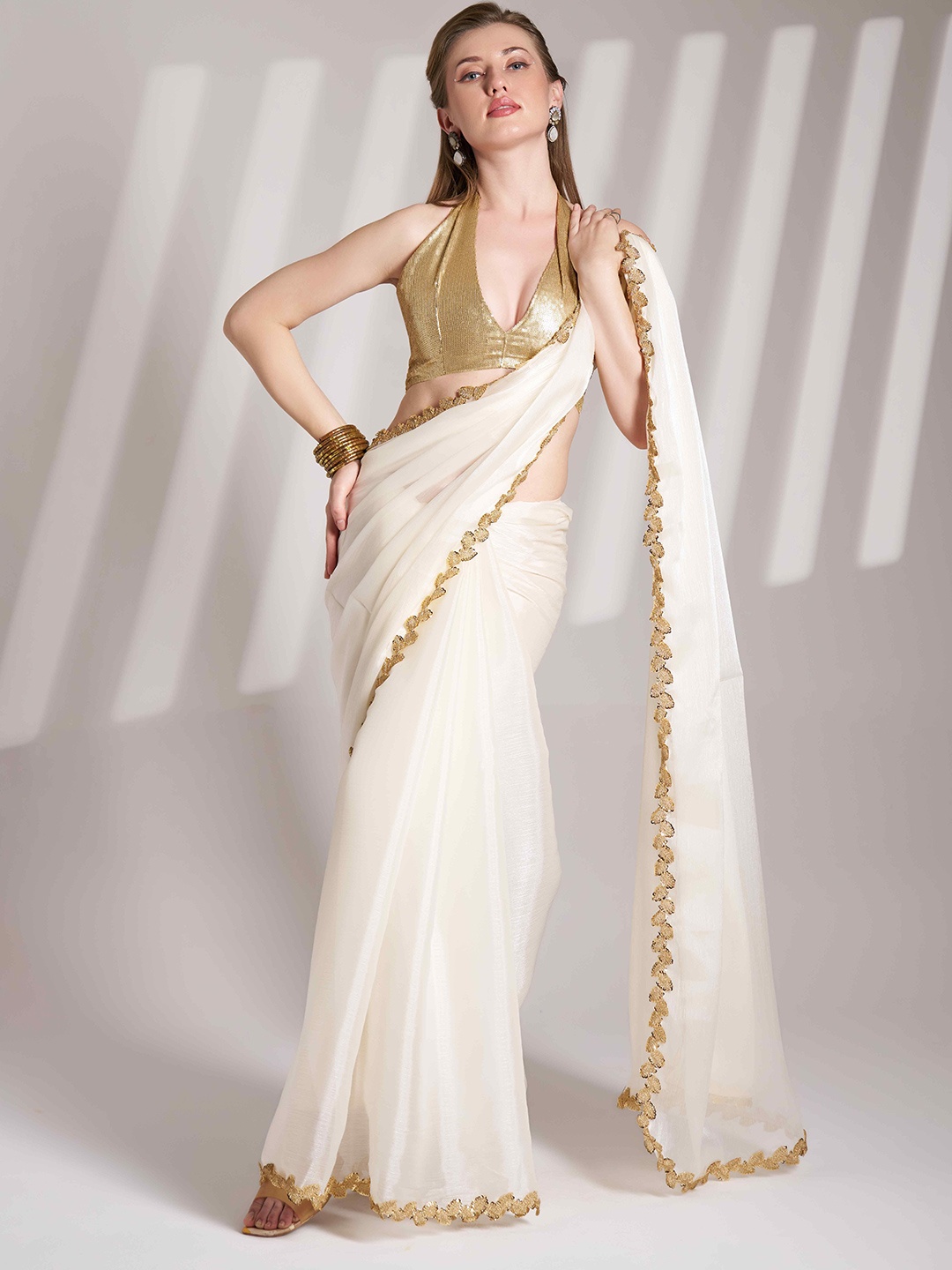 

HERE&NOW Embroidered Brasso Tussar Saree, White