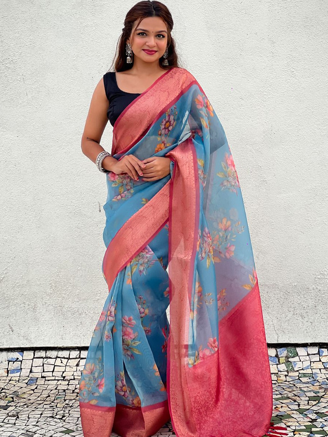 

all about you Floral Zari Tissue Banarasi Saree, Blue