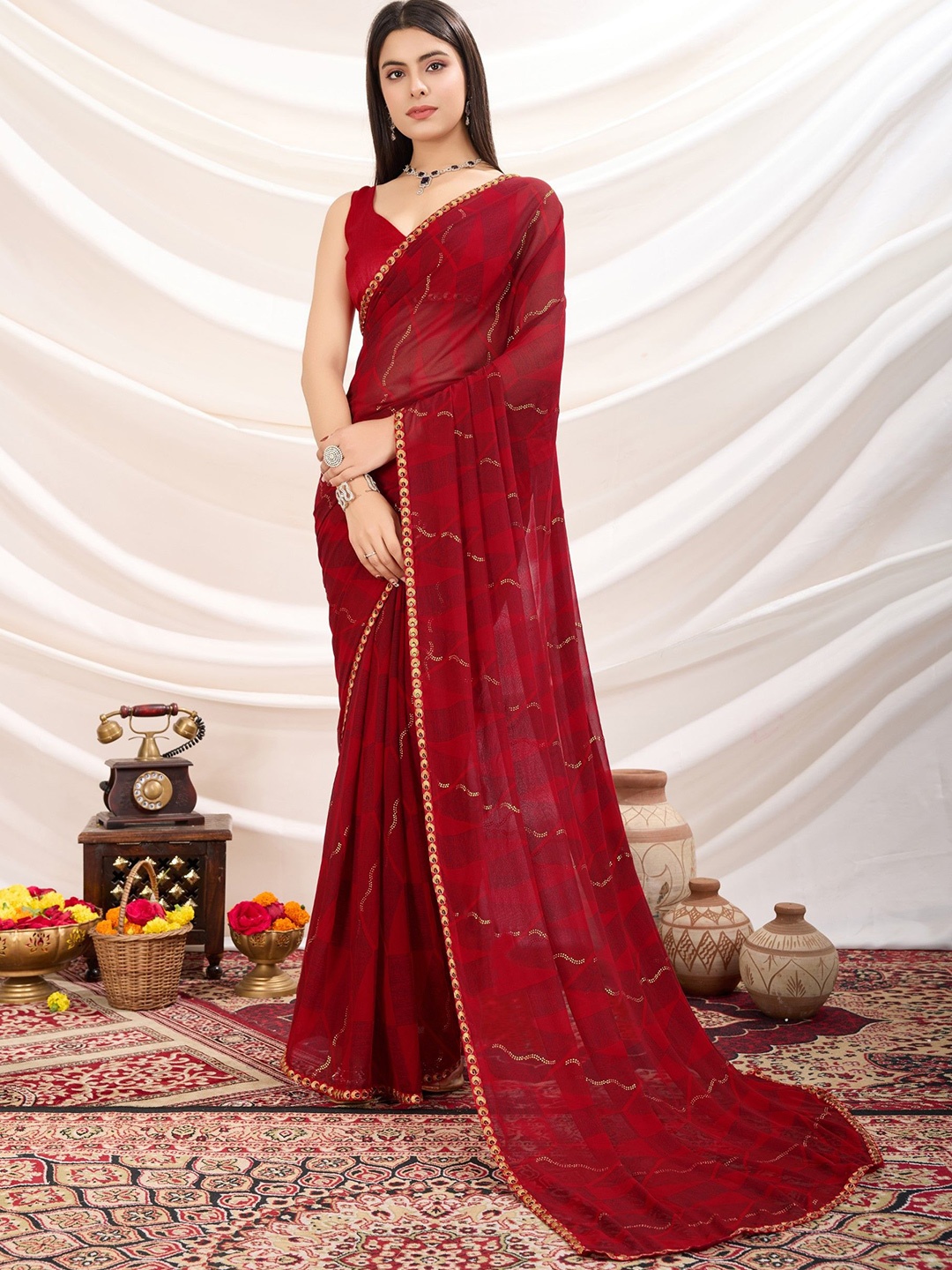 

Panzora Embellished Zari Poly Georgette Designer Saree, Red