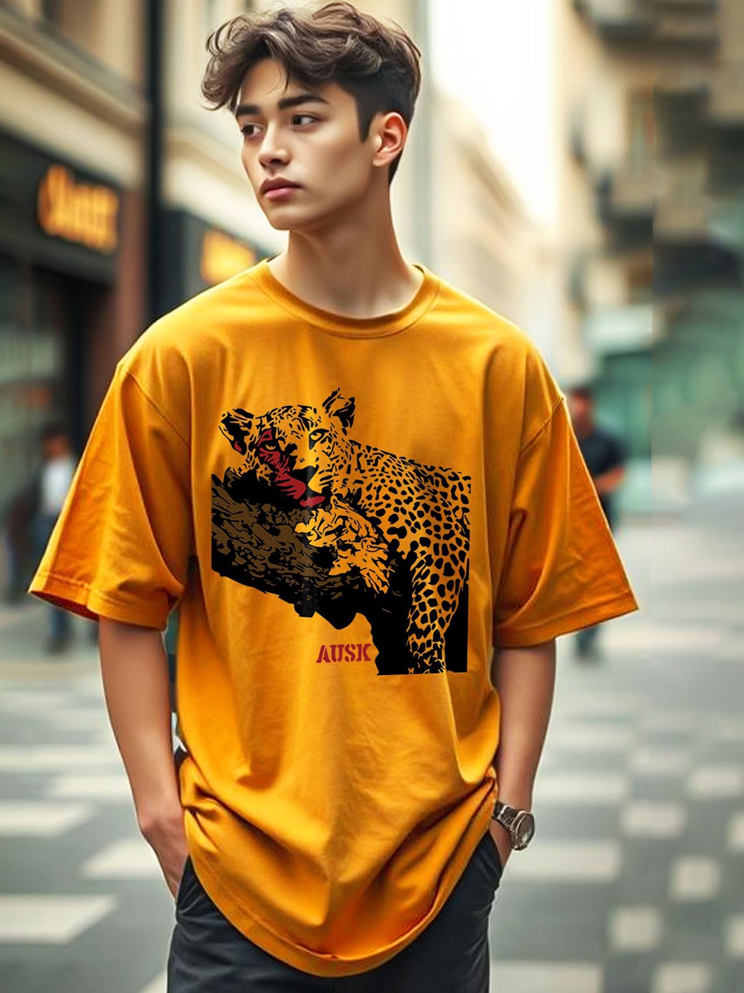 

AUSK Men Printed Applique T-shirt, Yellow