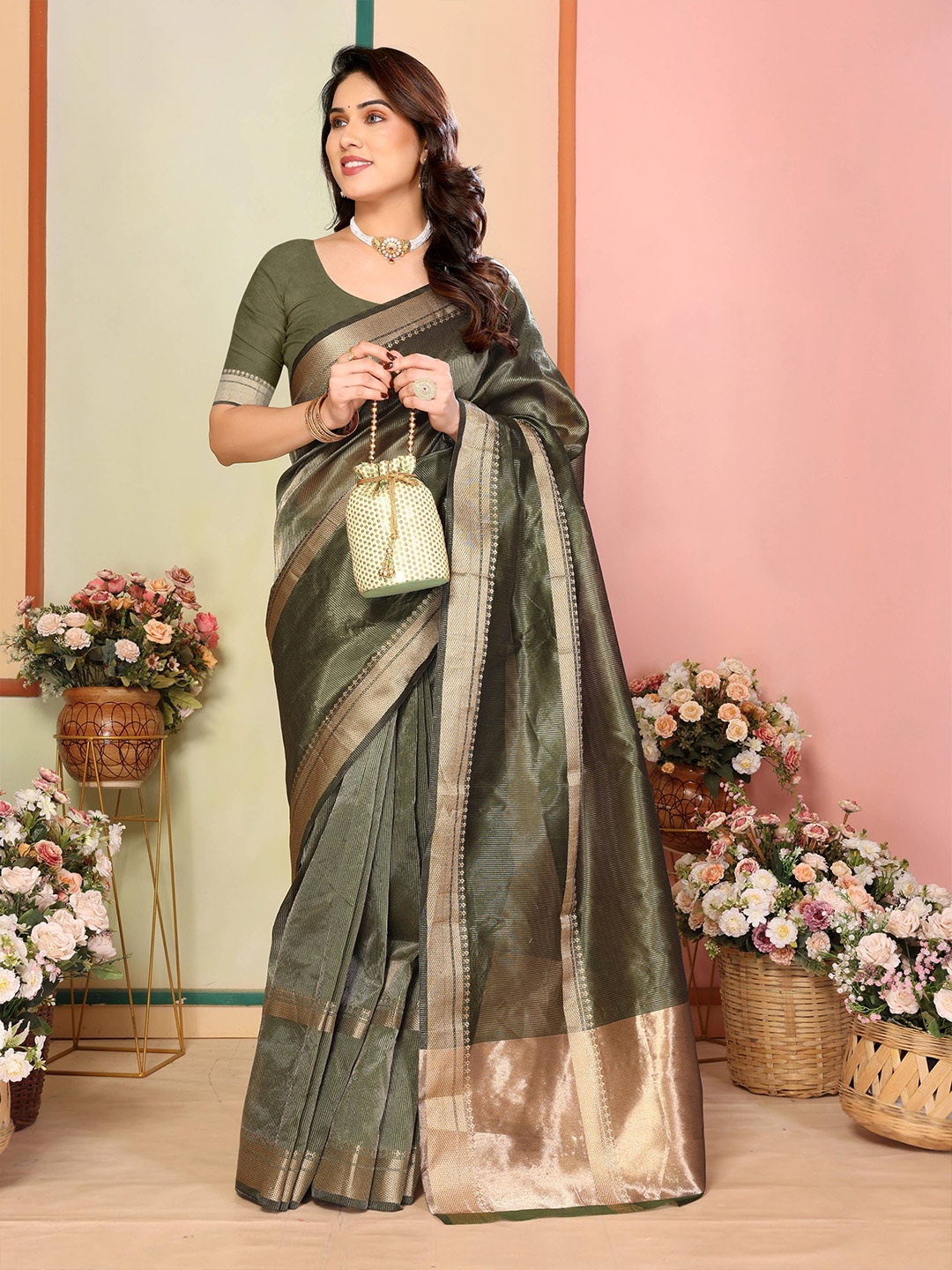 

Moda Rapido Zari Silk Blend Kanjeevaram Saree, Green