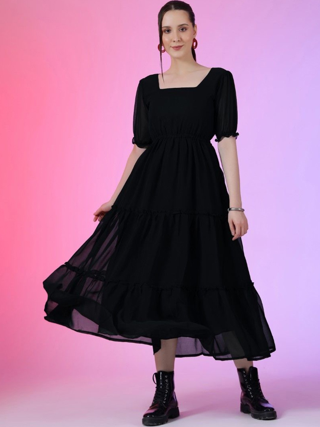 

Jash Creation Puff Sleeve Applique Georgette Fit & Flare Maxi Dress, Black