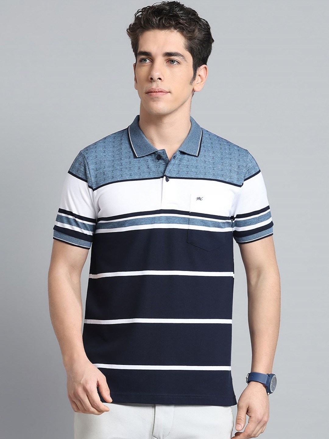 

Monte Carlo Men Striped Polo Collar Pockets T-shirt, Navy blue