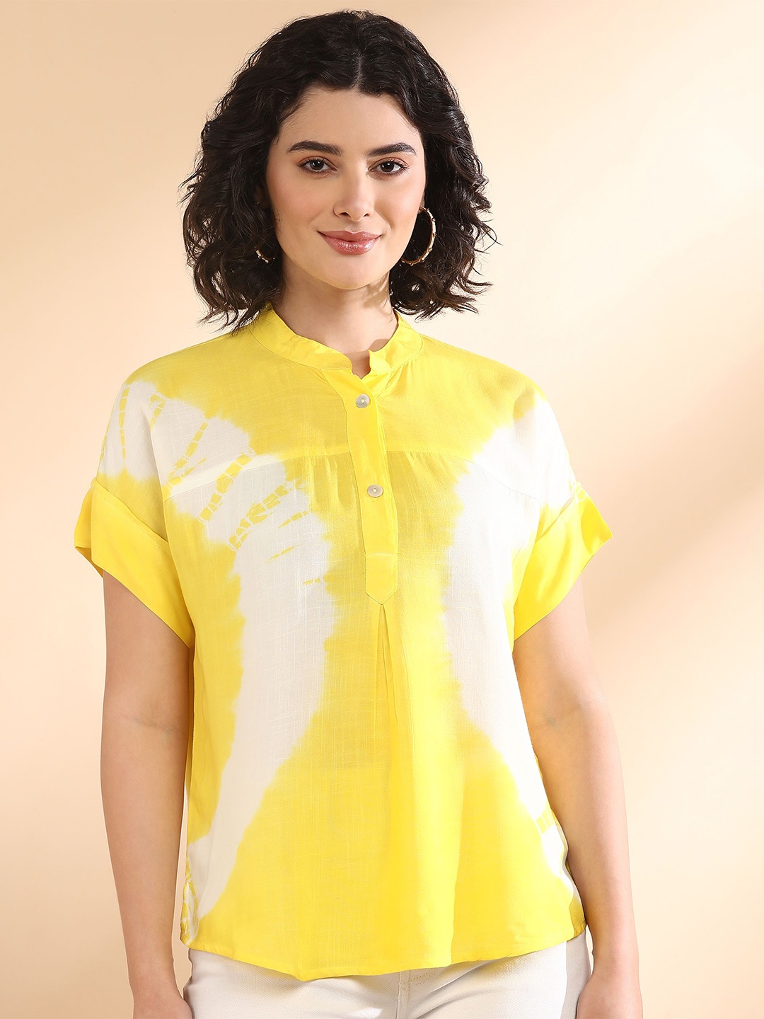 

Maaesa Tie and Dye Mandarin Collar Extended Sleeves Shirt Style Top, Yellow