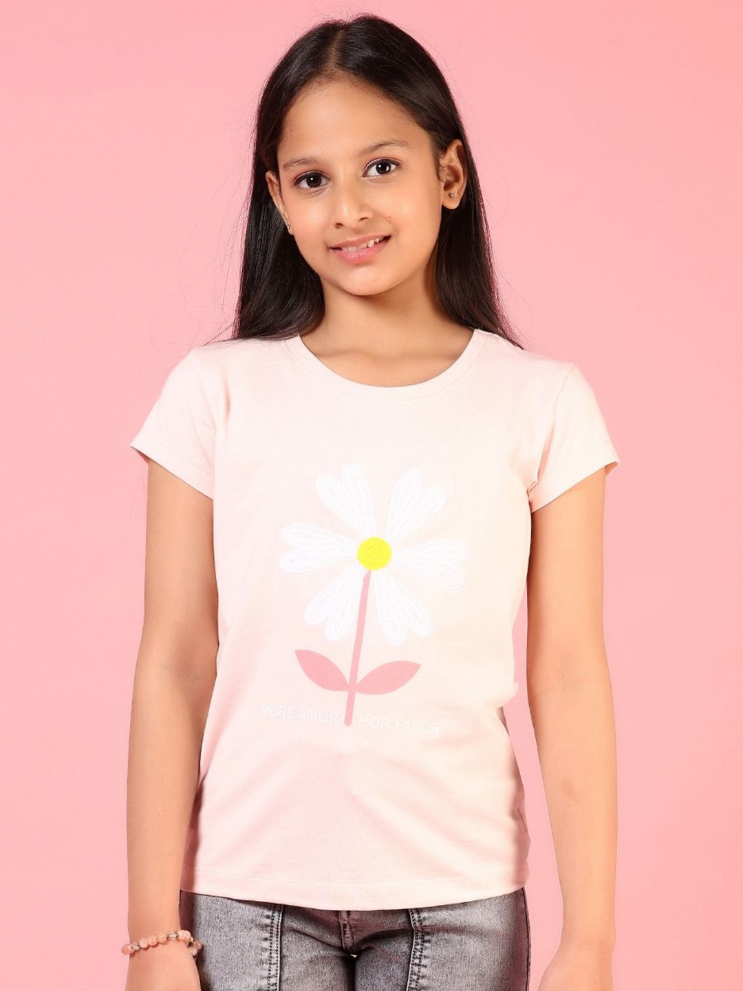 

V-Mart Girls Floral Printed Extended Sleeves Raw Edge T-shirt, Peach