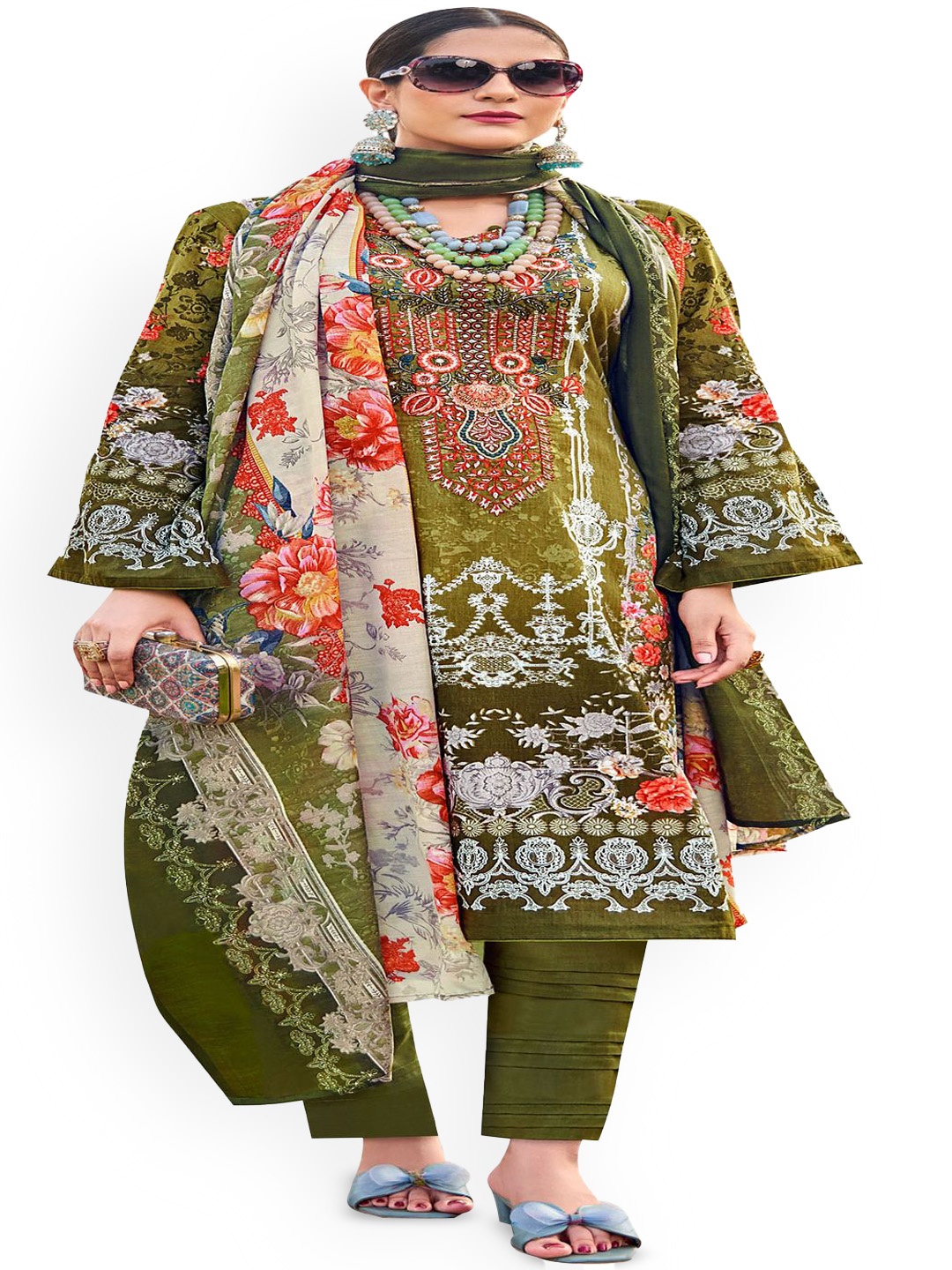 

DRAVINAM Trends Embroidered Pure Cotton Unstitched Dress Material, Green
