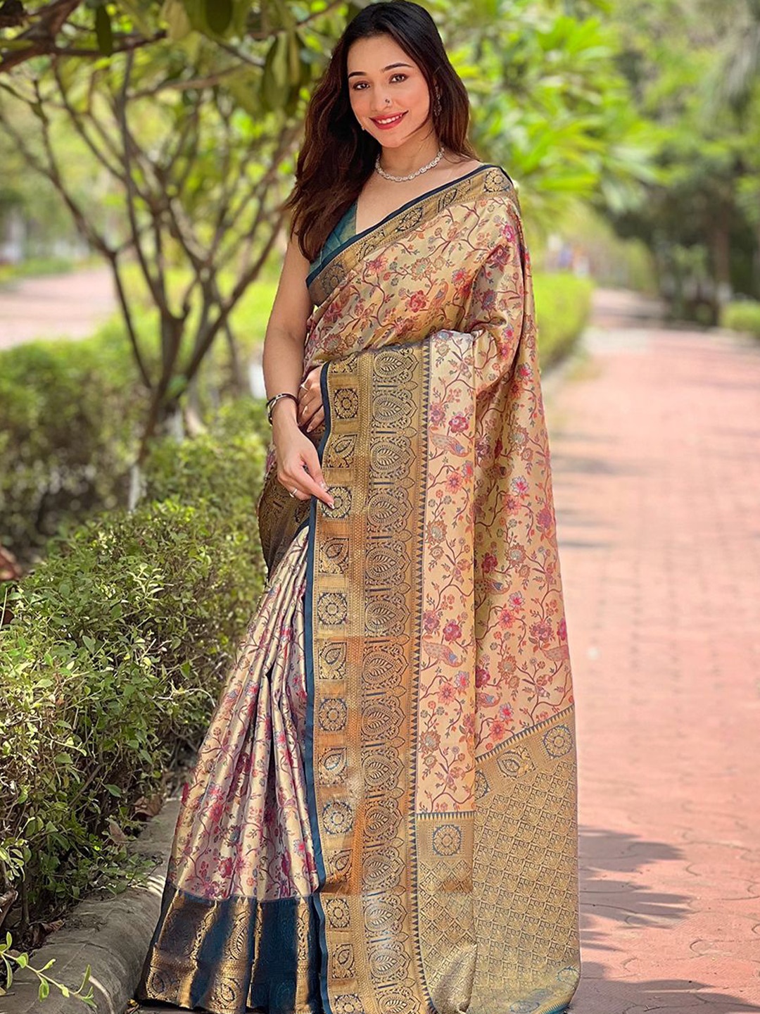 

all about you Woven Design Zari Silk Blend Dharmavaram Saree, Gold