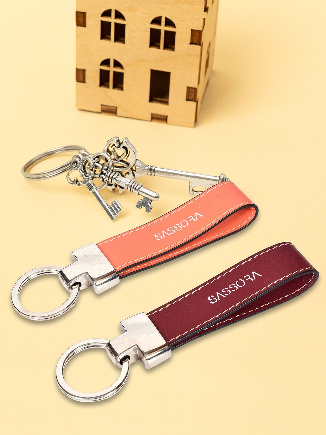 

Sassora Set Of 2 Leather Printed Key Chain, Orange