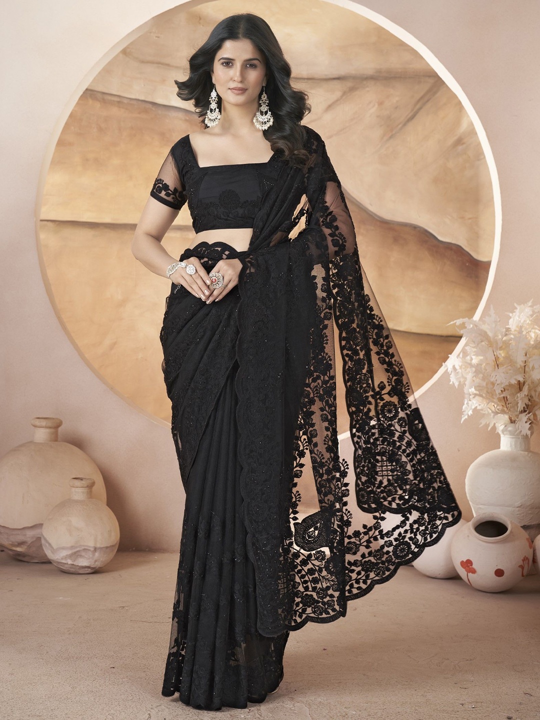 

Panzora Embellished Embroidered Net Saree, Black