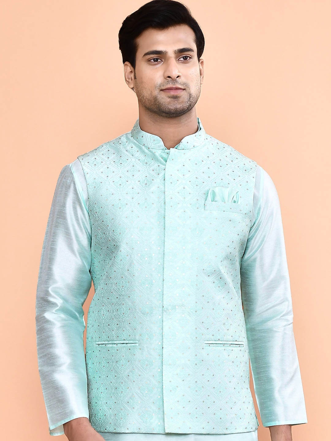 

MAAHI FABS Embroidered Woven Nehru Jacket, Blue