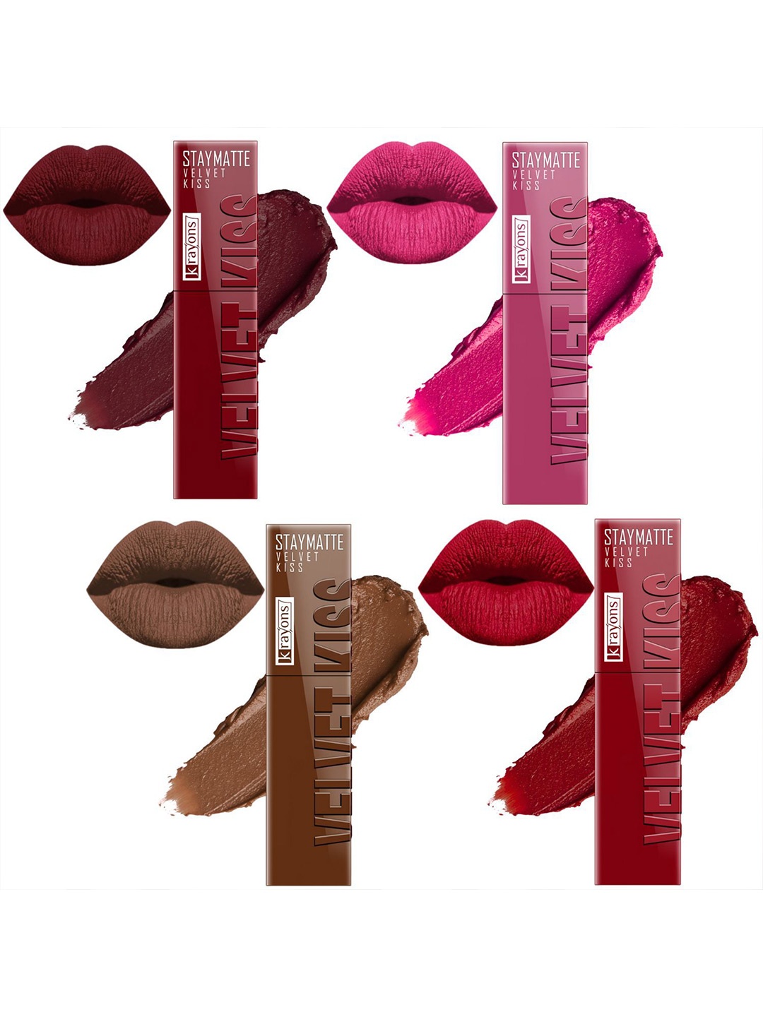 

krayons StayMatte Velvet Kiss Set Of 4 Liquid Lipstick - Shade - 09-10-11-12, Pink