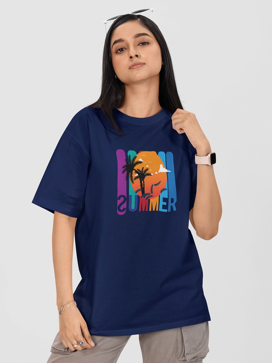 

Moda Rapido Women Printed Drop-Shoulder Sleeves Applique T-shirt, Navy blue