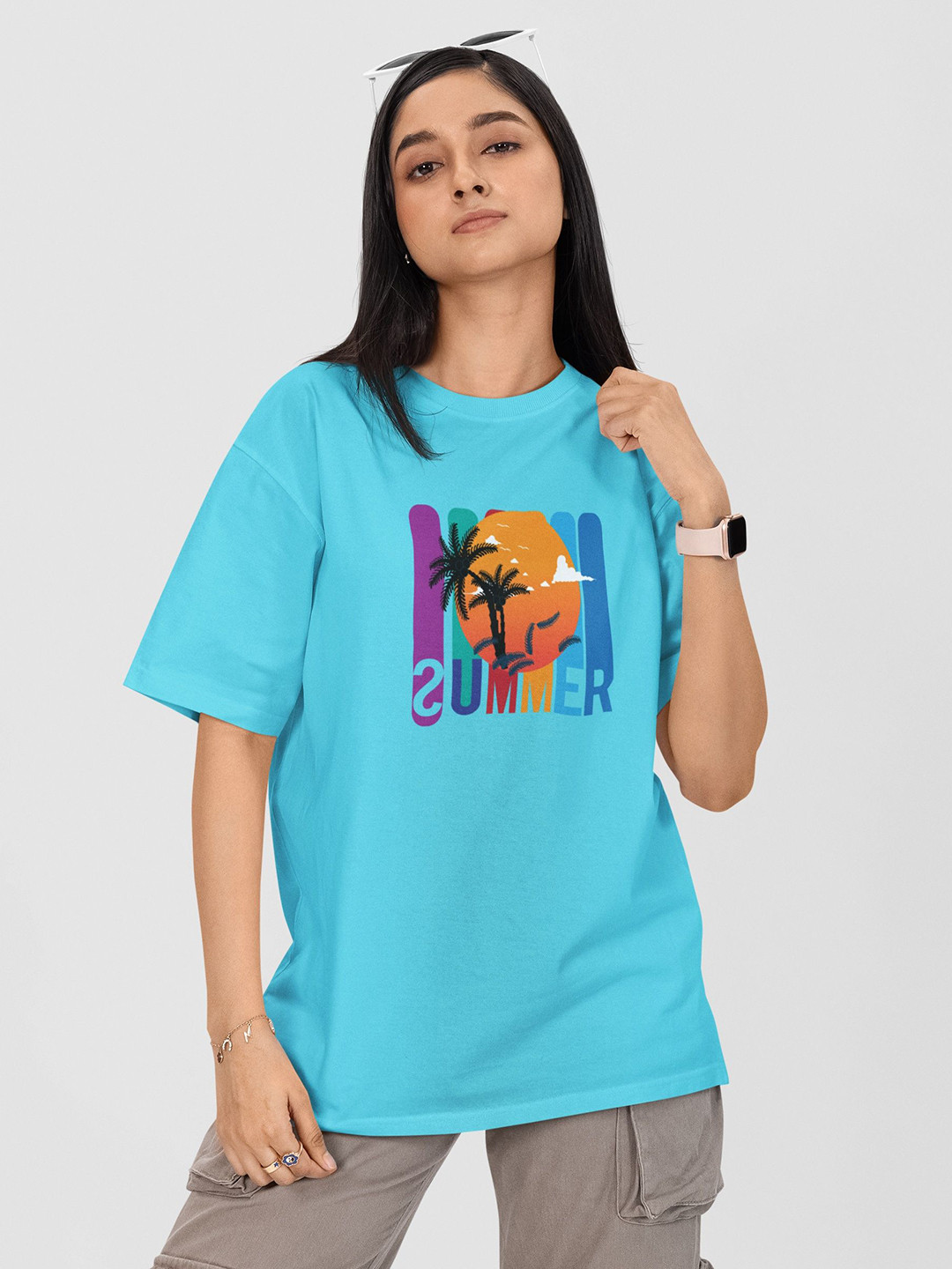 

Moda Rapido Women Printed Drop-Shoulder Sleeves Pockets T-shirt, Turquoise blue