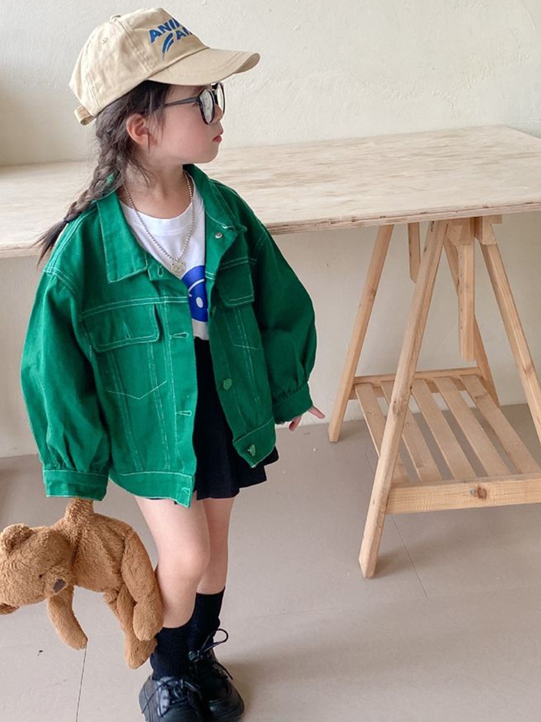 

LULU & SKY Girls Washed Colourblocked without Crop Denim Jacket with Patchwork, Green