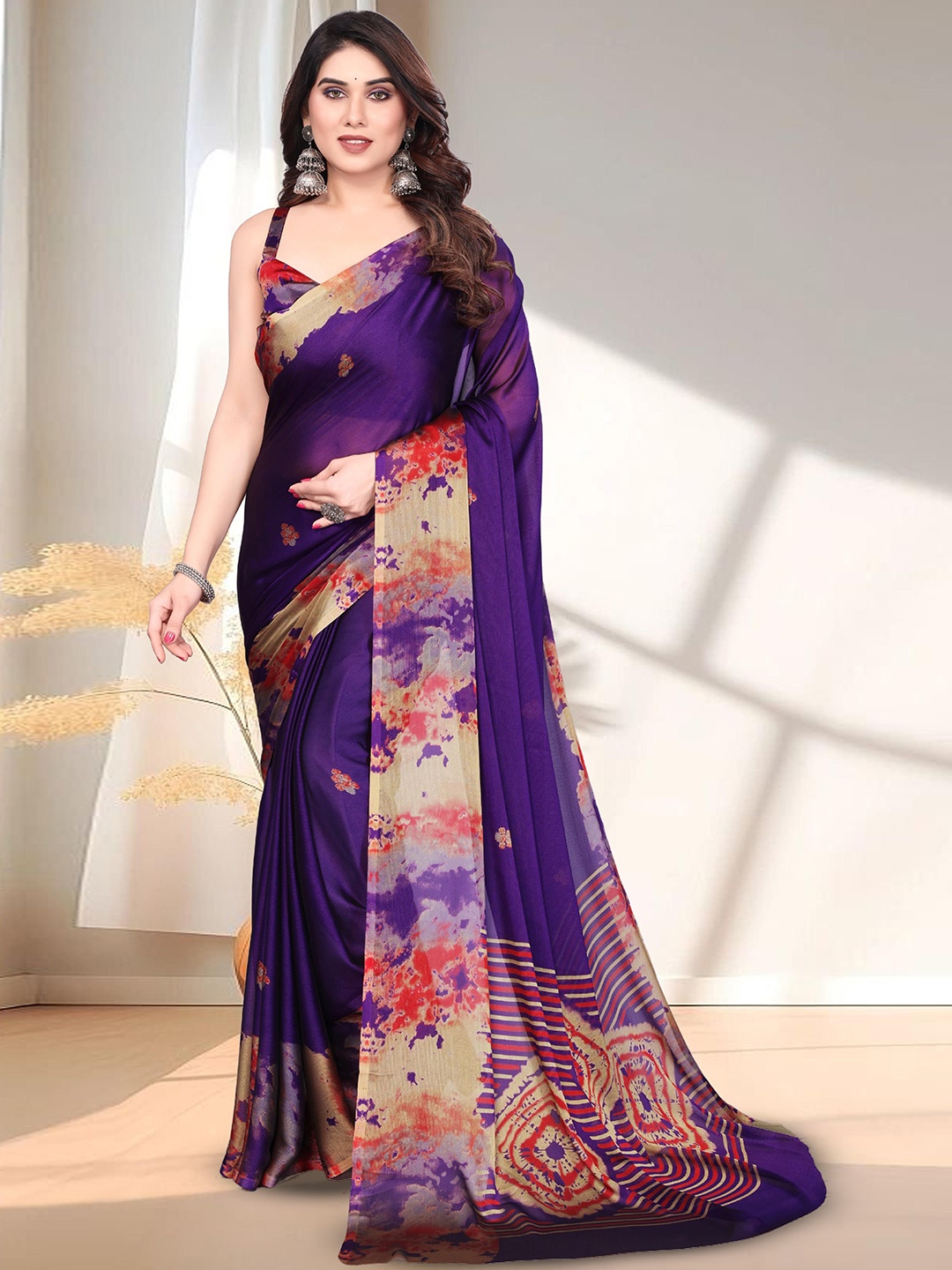 

SUPERLAXMI Floral Pure Chiffon Saree, Navy blue