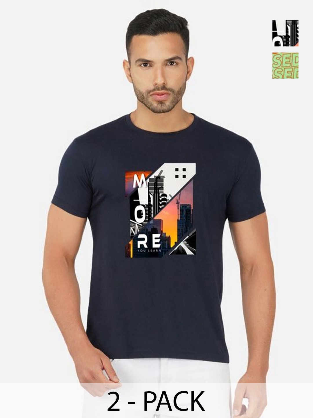 

GLOBAL NOMAD Men 2 Printed Bio Finish Applique T-shirt, Navy blue