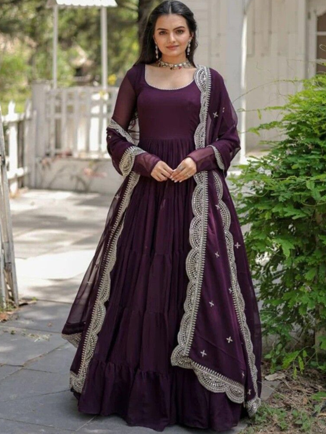 

Wedani Women Layered Kurta with Pyjamas & With Dupatta, Purple