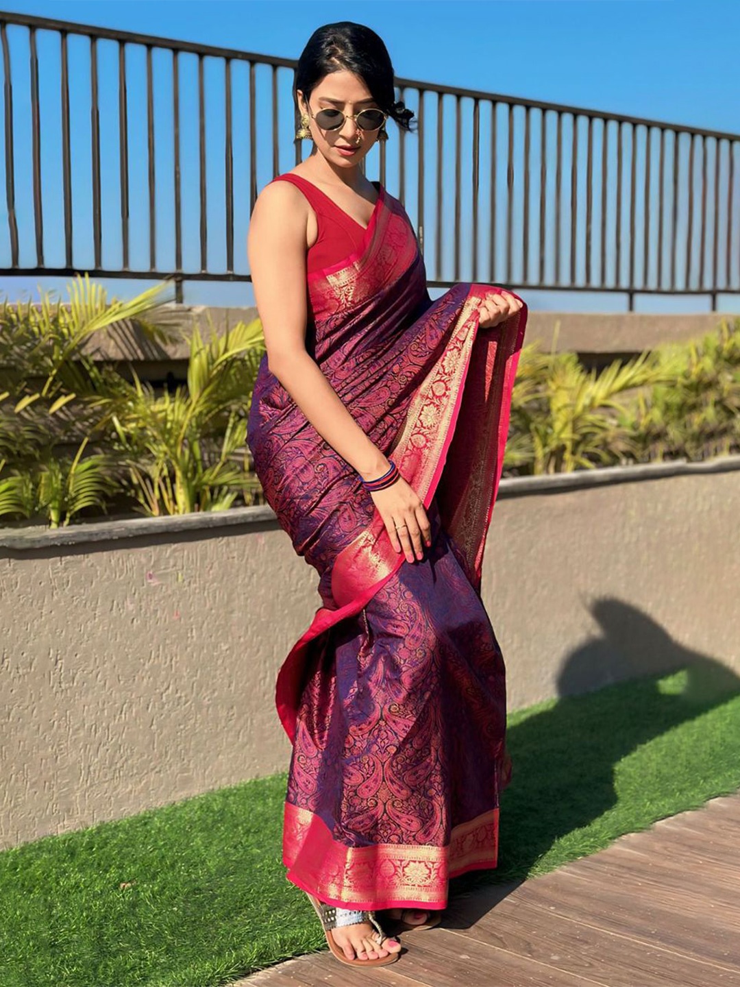 

all about you Woven Design Zari Silk Blend Kanjeevaram Saree, Violet