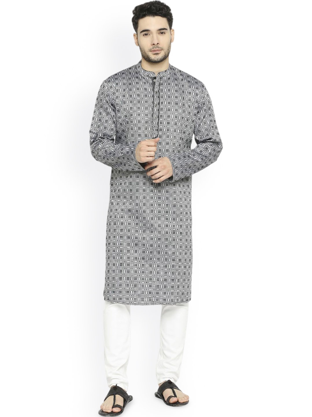 

Arch element Men Geometric Thread Work Anarkali Kurta, Black