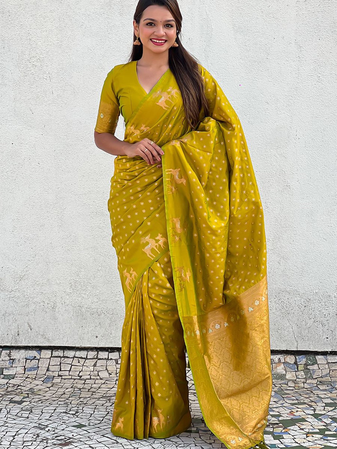 

all about you Woven Design Zari Silk Blend Banarasi Saree, Olive