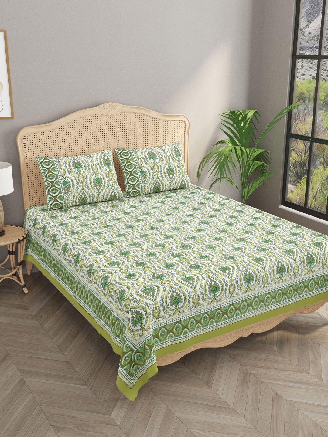 

Gulaab Jaipur White & Green Ethnic Motifs 400 TC King Bedsheet with 2 Pillow Covers