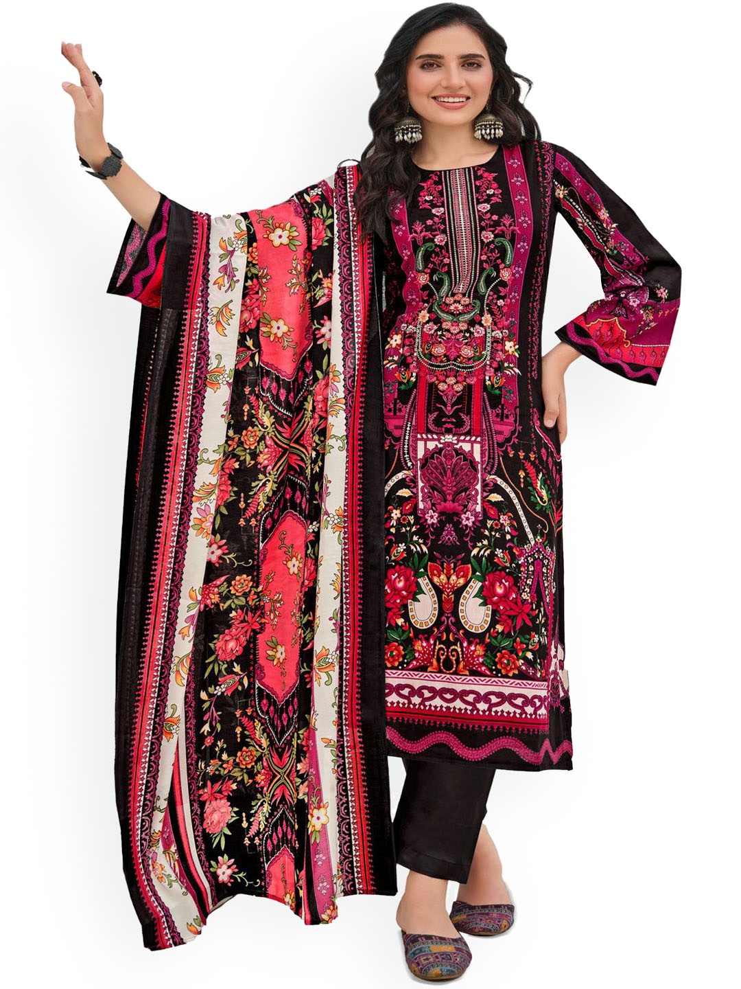 

DRAVINAM Trends Embroidered Pure Cotton Unstitched Dress Material, Black
