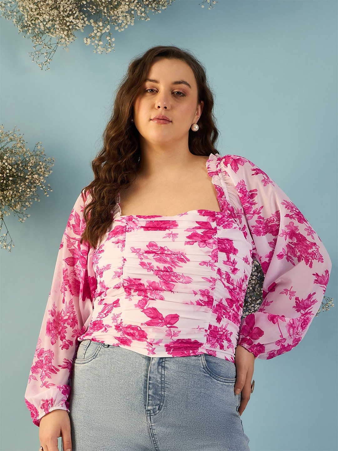 

KIBO CURVE Floral Print Puff Sleeve Georgette Top, Pink