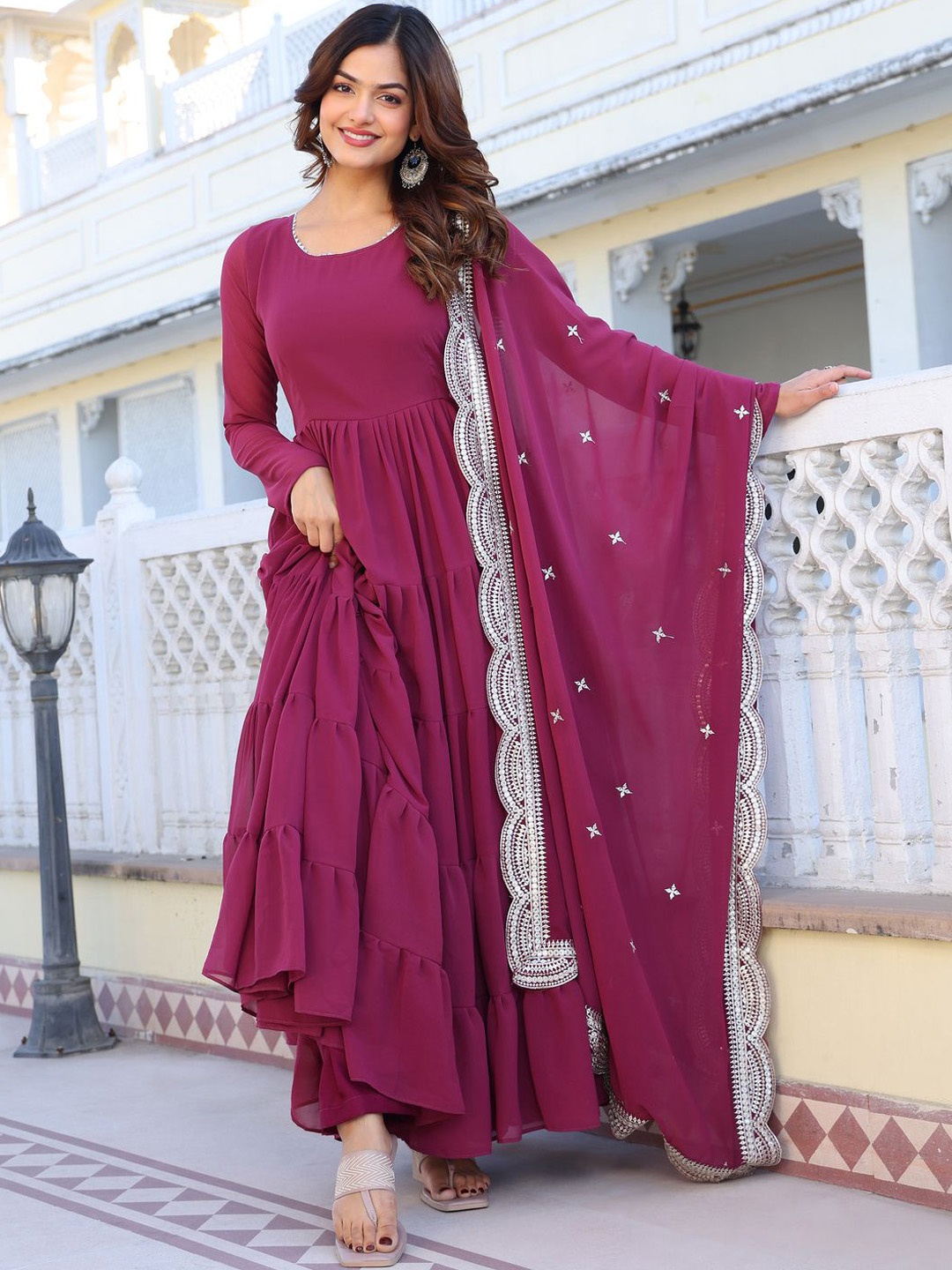 

Wedani Women Layered Kurta with Pyjamas & With Dupatta, Rose