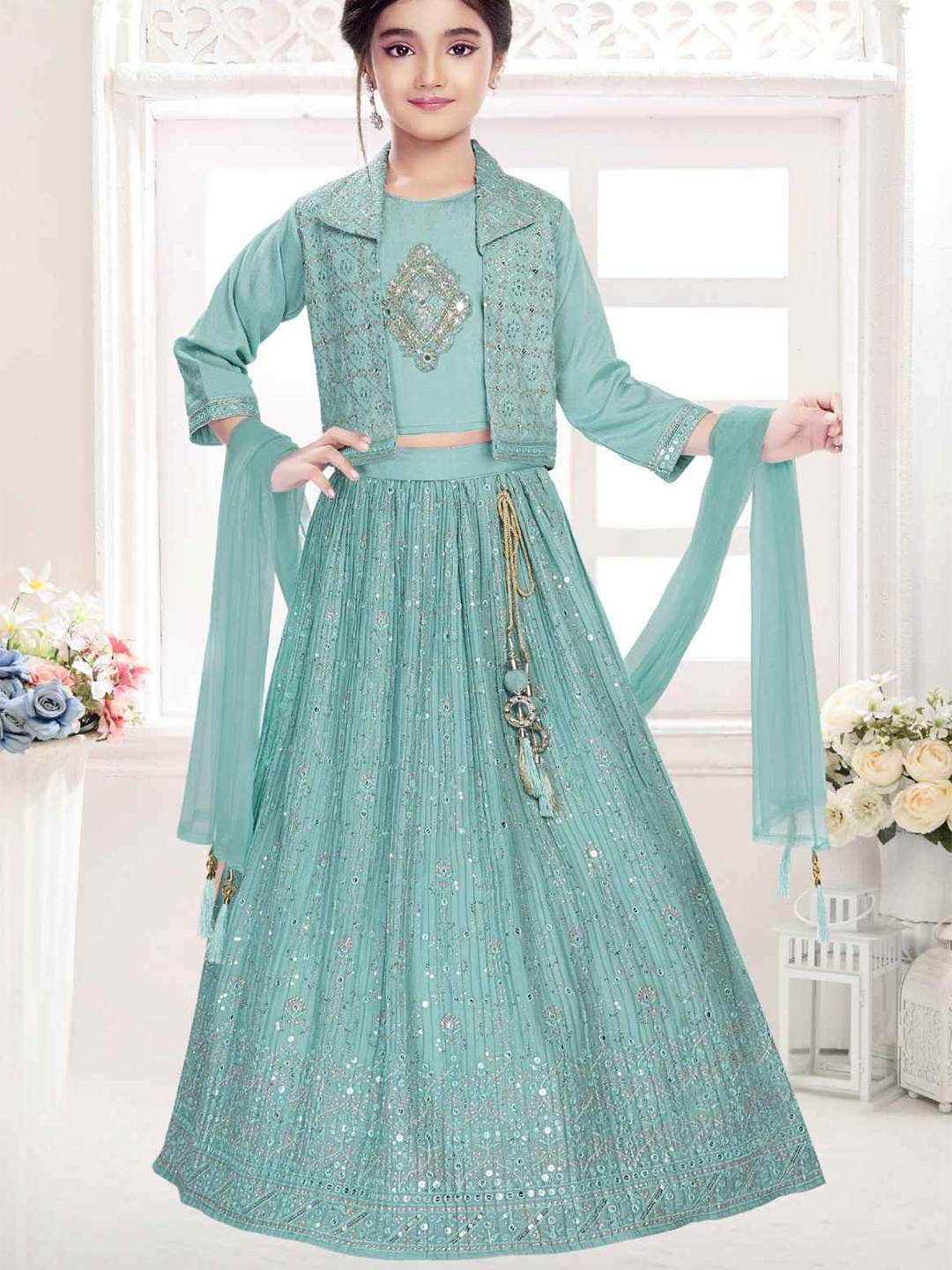 

Lagorii Girls Embellished Ready to Wear Lehenga & Blouse With Dupatta, Green