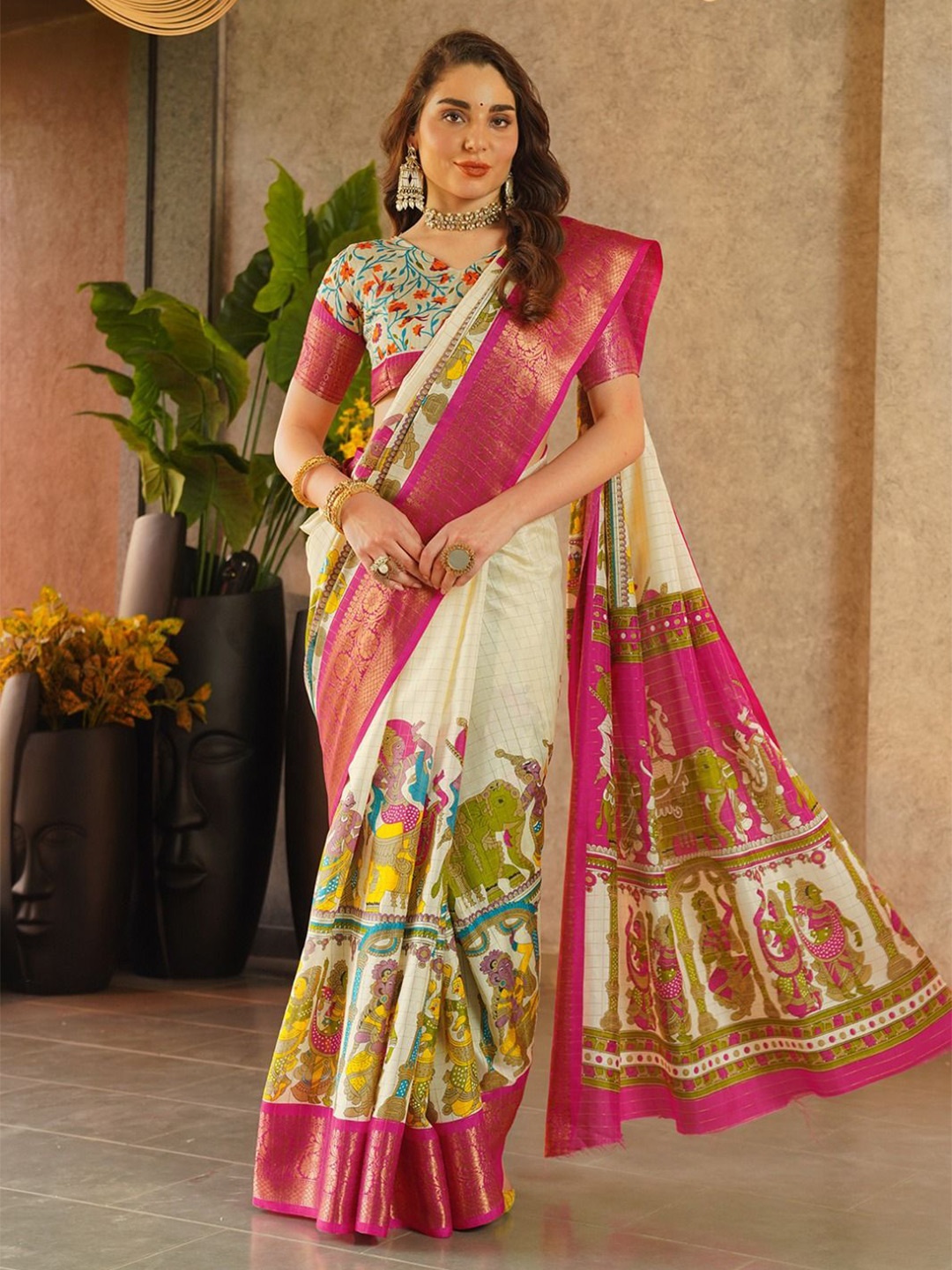 

Sitanjali Ethnic Motifs Zari Art Silk Maheshwari Saree, Pink