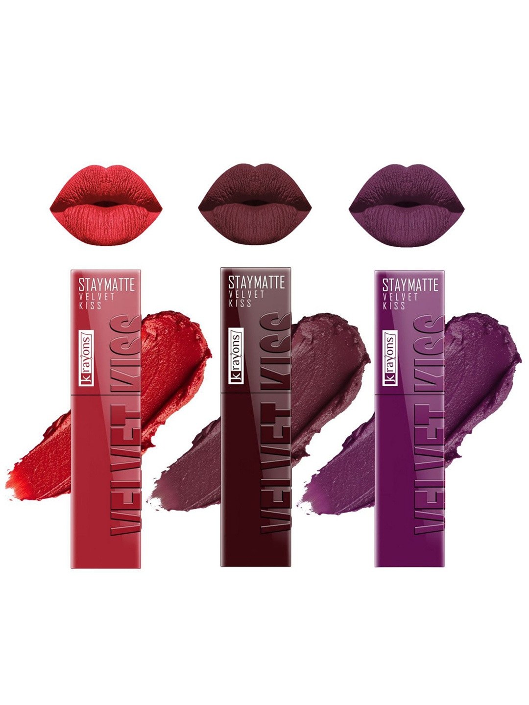 

krayons Set Of 3 Velvet Kiss Non Transfer Liquid Matte Lipstick - 3.5 ml Each, Burgundy